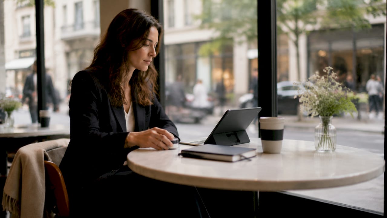 Woman preparing discreet nicotine pouch at desk