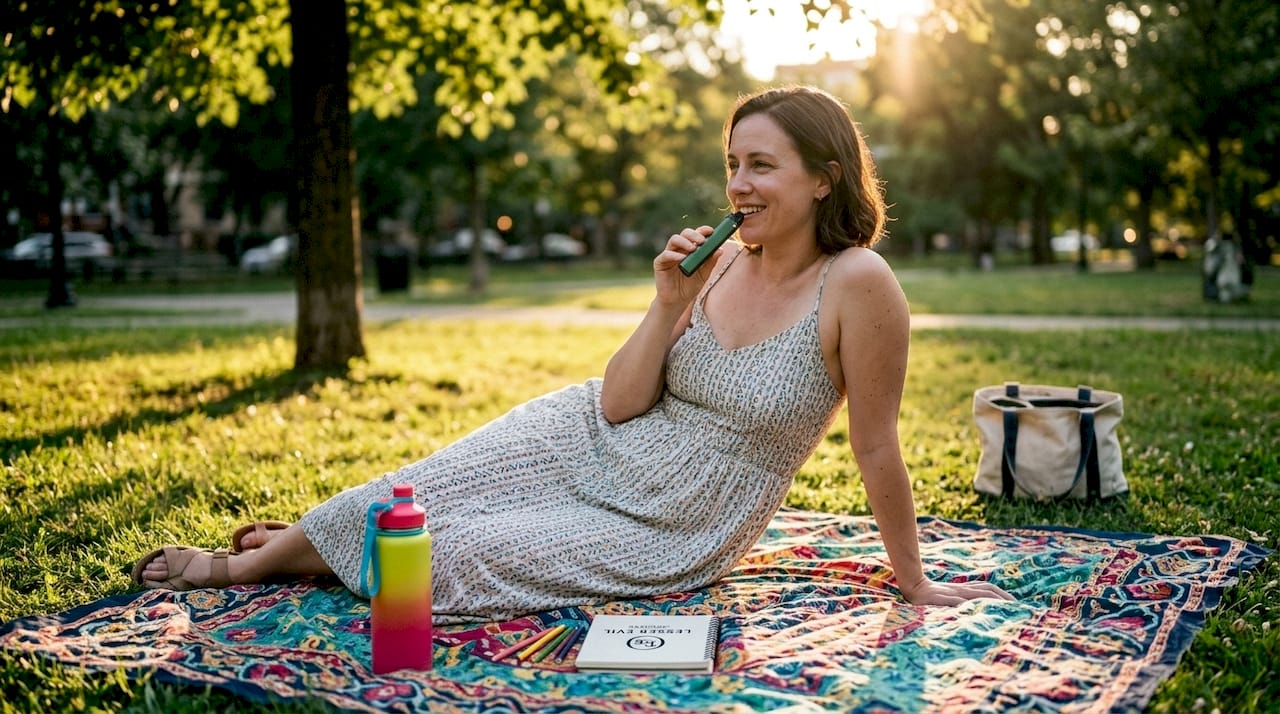 Woman vaping casually on park bench outdoors