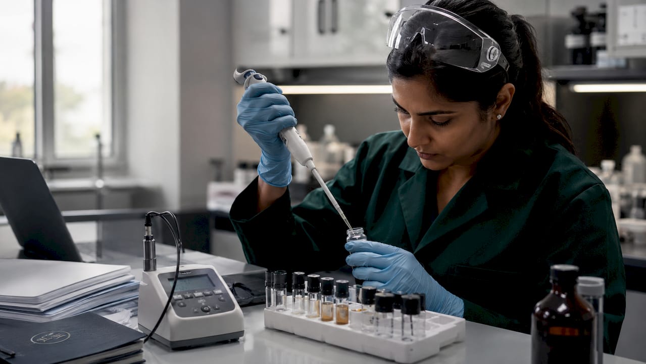 Female chemist measuring nicotine formulation in lab