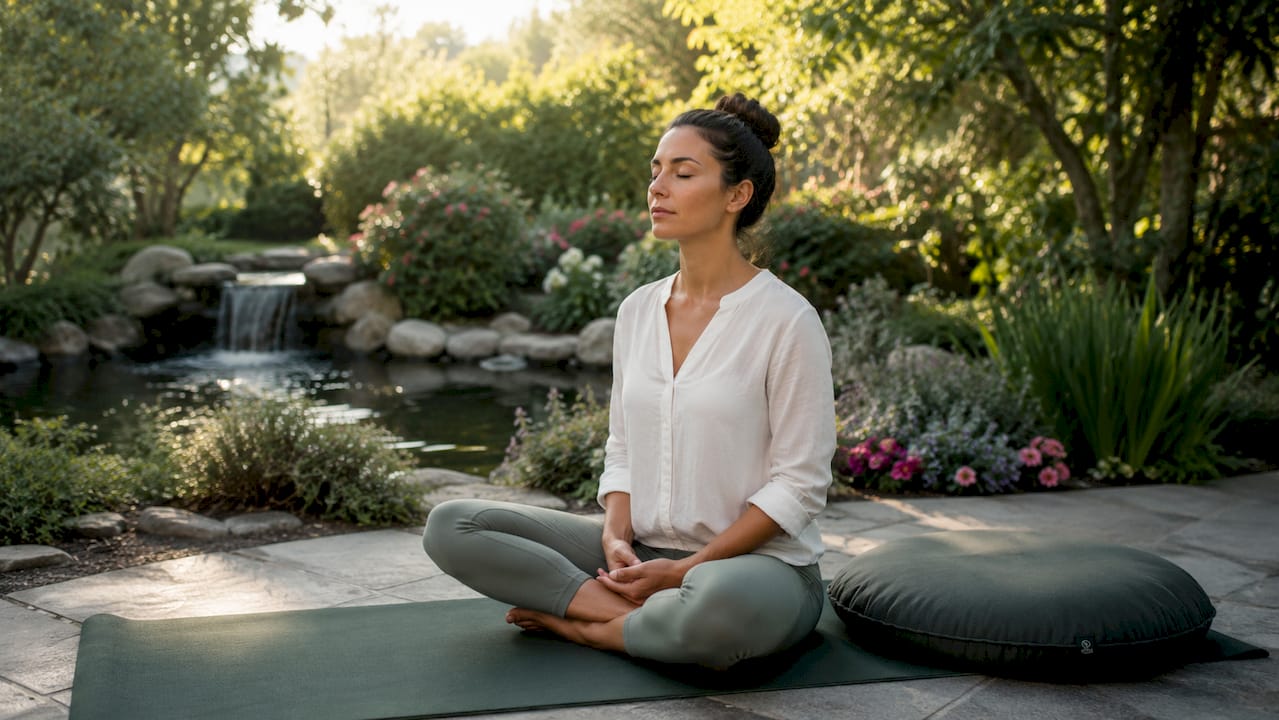 Woman practicing breathing exercise at home