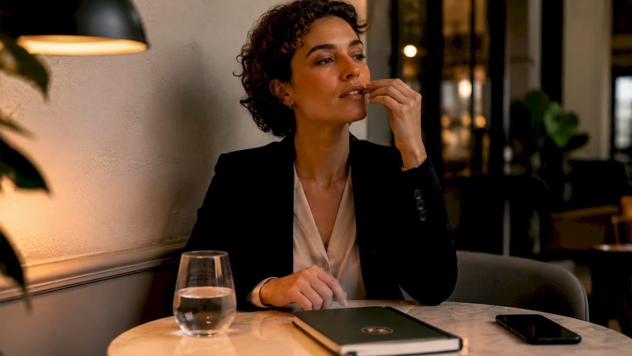 Woman discreetly using oral nicotine pouch in cafe