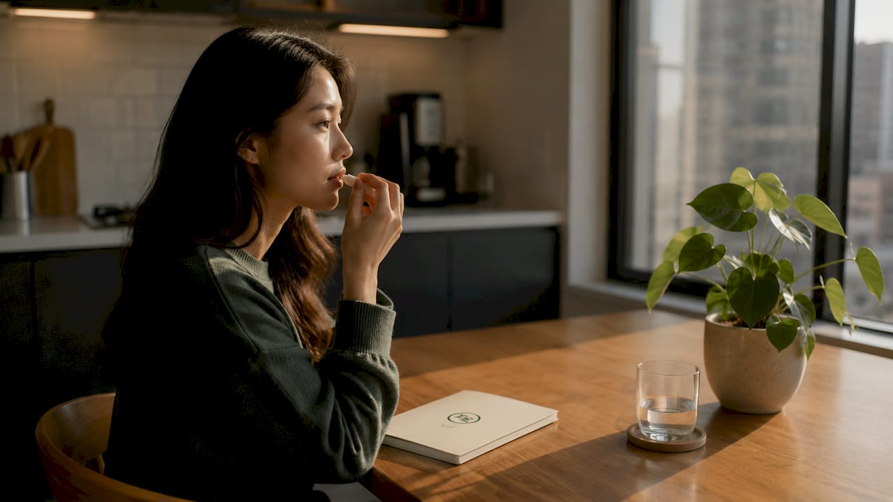 Woman using nicotine pouch at kitchen table