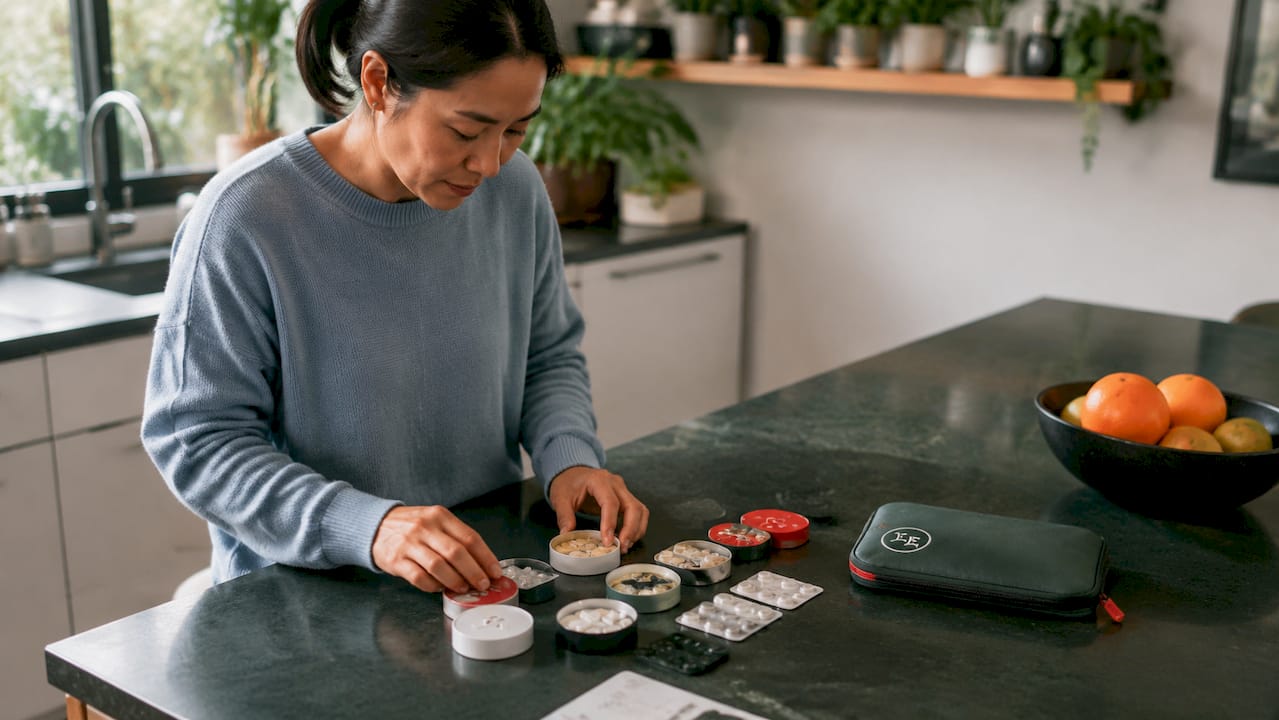 Woman organizing discreet nicotine products at desk