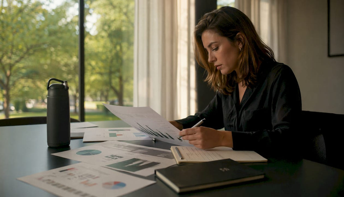 Woman reviewing nicotine product sustainability reports