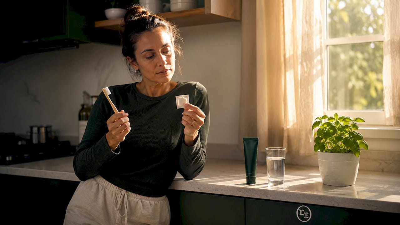 Woman considering nicotine and dental care at vanity