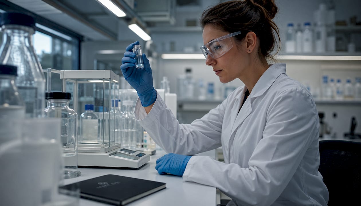 Chemist analyzing synthetic nicotine sample in laboratory