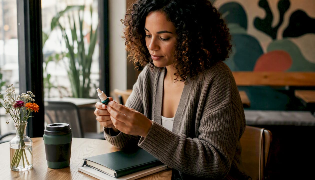 Woman reviewing oral nicotine gel at kitchen table