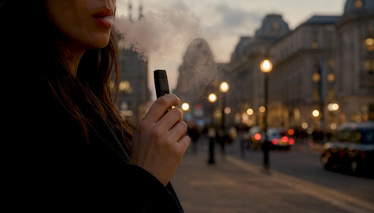 Woman discreetly vaping outdoors