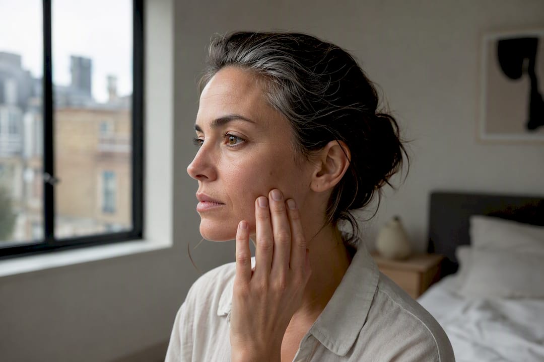 Woman touching aged skin in soft light