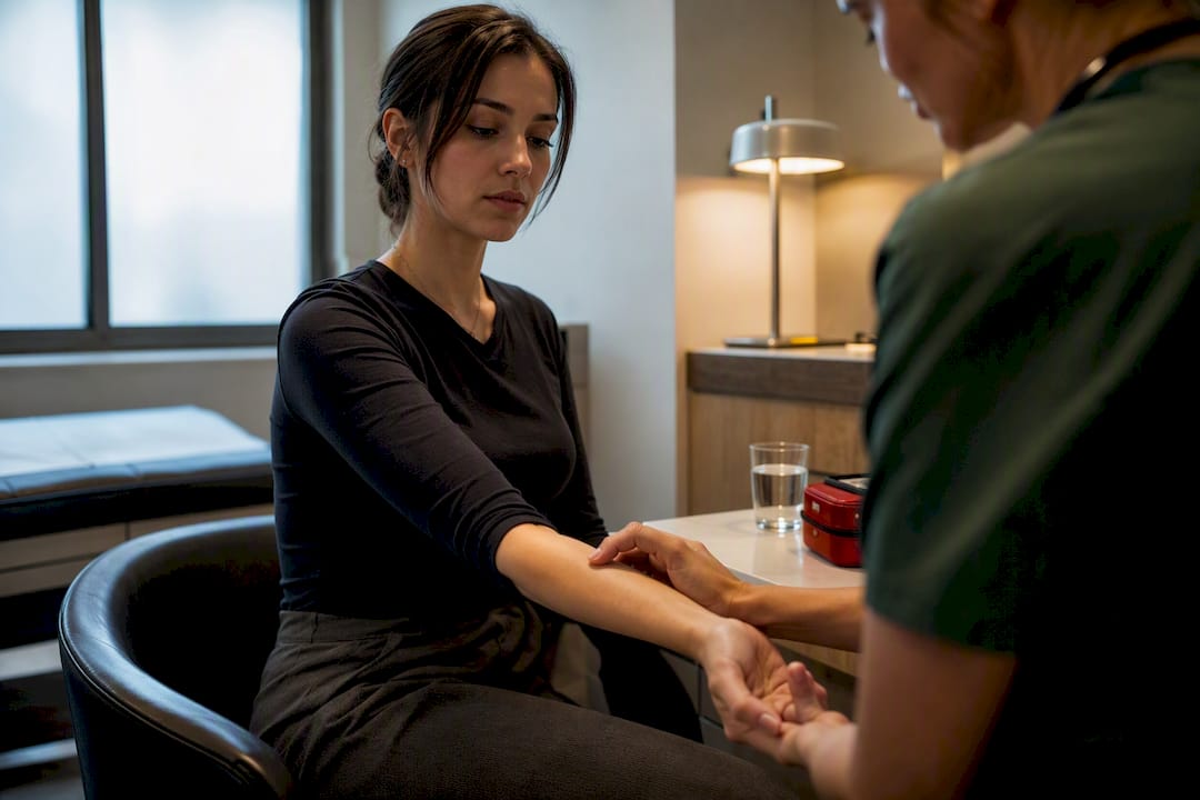 Clinician checking a woman's pulse for nicotine poisoning