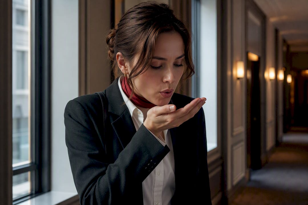 Woman discreetly checking her breath