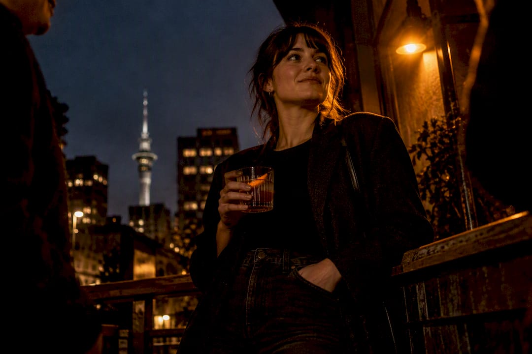 Woman holding drink on evening bar terrace