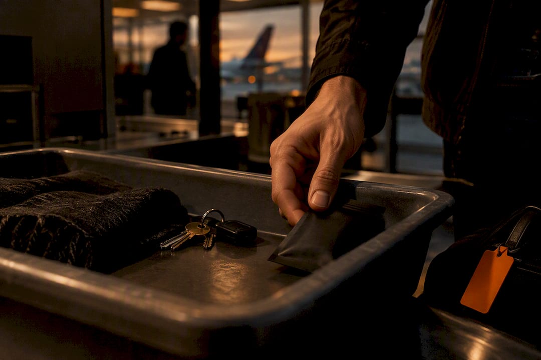 Hand placing nicotine packet in security tray