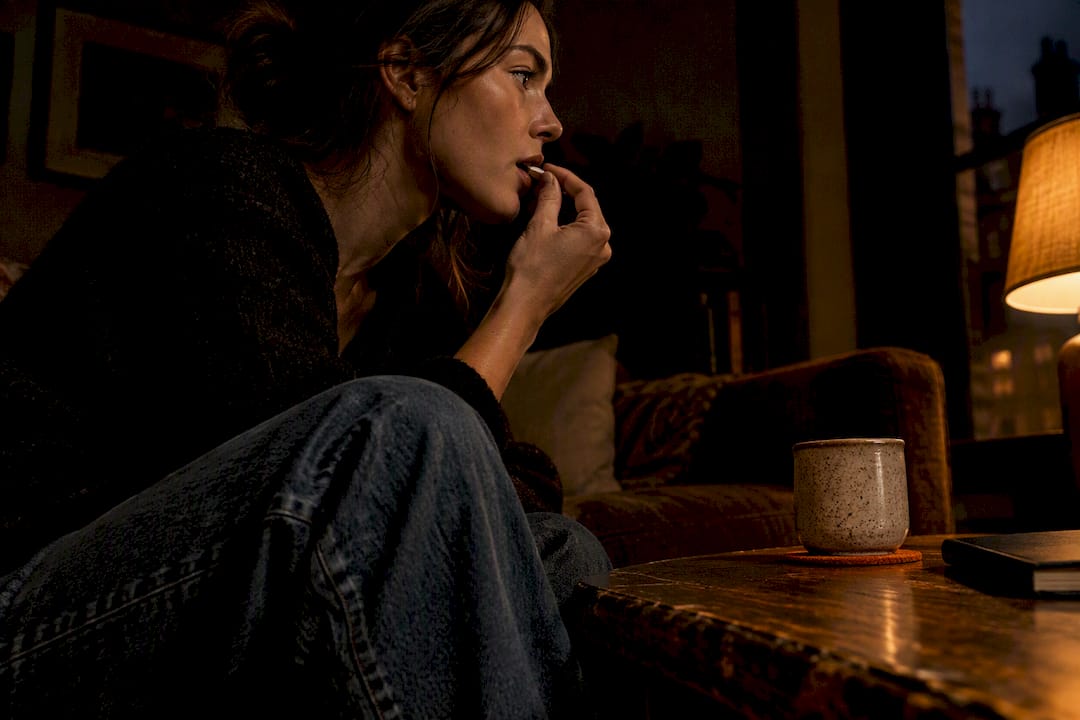 Woman discreetly using oral nicotine indoors