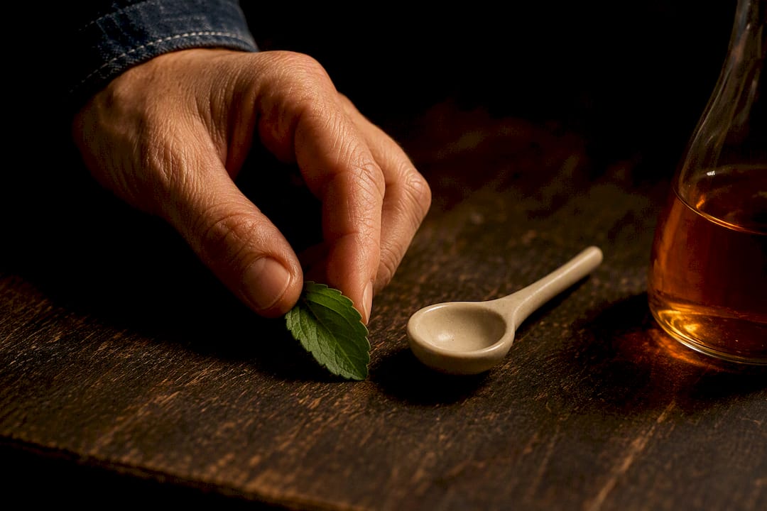 Stevia leaf beside oral formulation sample
