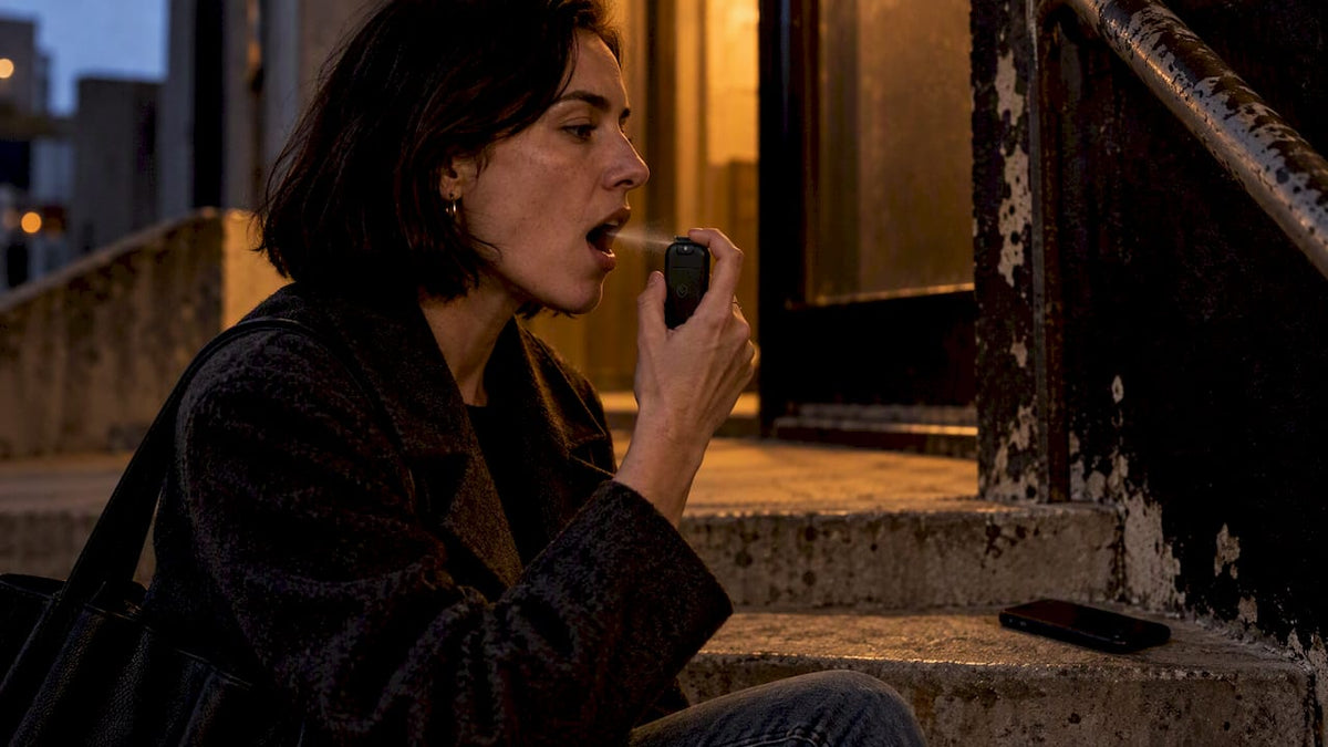 Woman using nicotine mouth spray outdoors