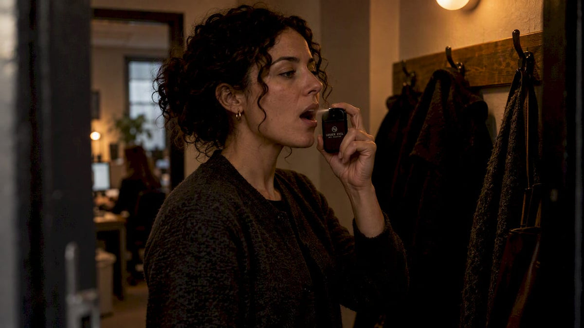 Woman discreetly using nicotine spray at work