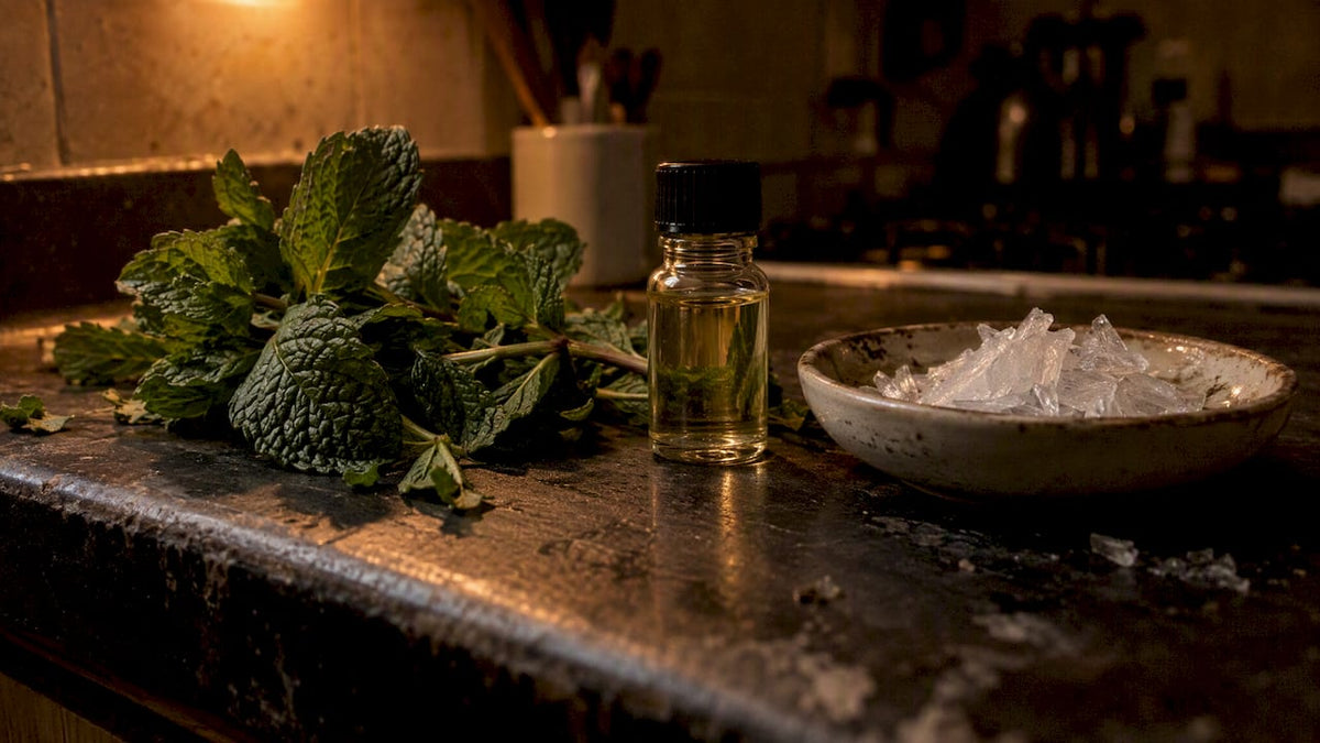 Peppermint leaves, oil and menthol crystals